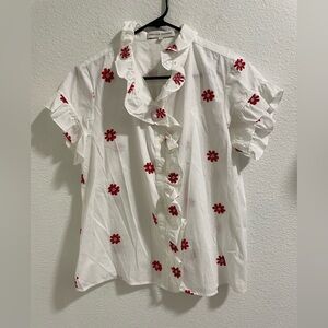 English Factory White Blouse with Red Floral Accents